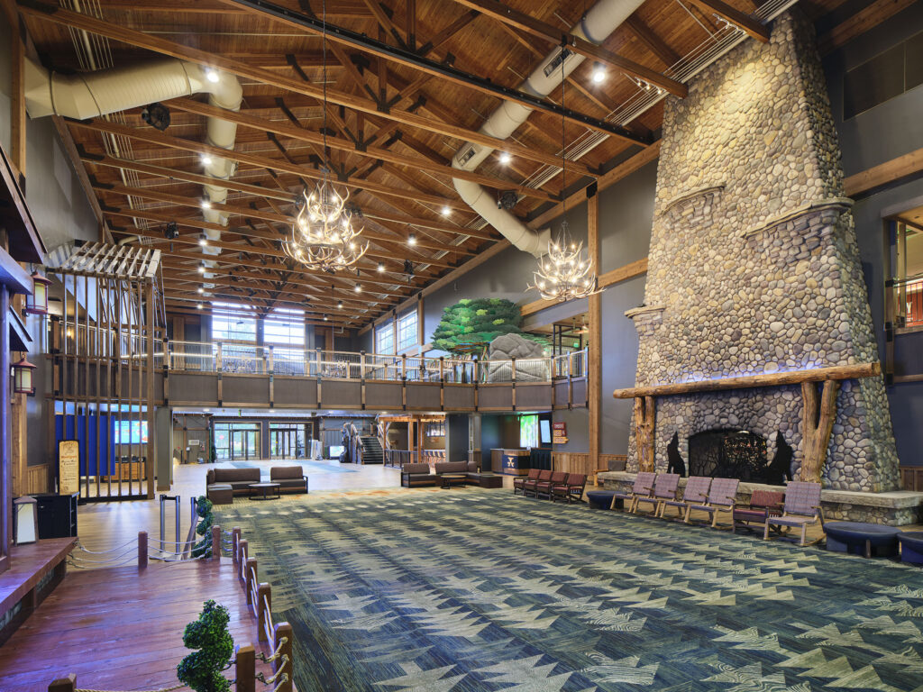 Wide angle view of the newly-renovated grand lobby at Great Wolf Lodge Resort in Grand Mound, Washington.